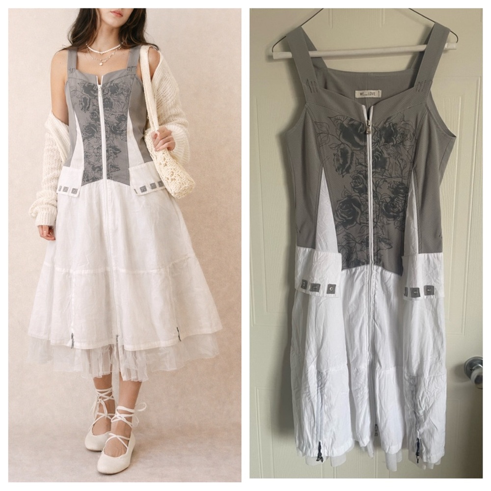 Lagenlook Midi Dress S Gray White Panel Zip Fairy Grunge Balletcore Cottagecore